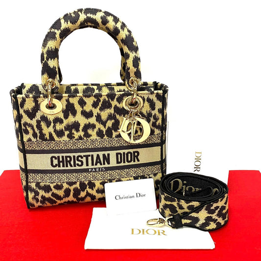 Dior Shoulder Bag Canvas Beige Leopard Pattern Lady D Lite Medium Women Used Authentic