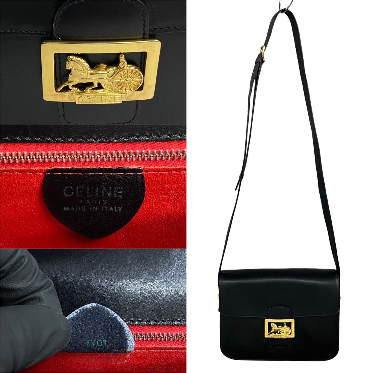 Celine Shoulder Bag Leather Black Carriage Metal Women Used Authentic