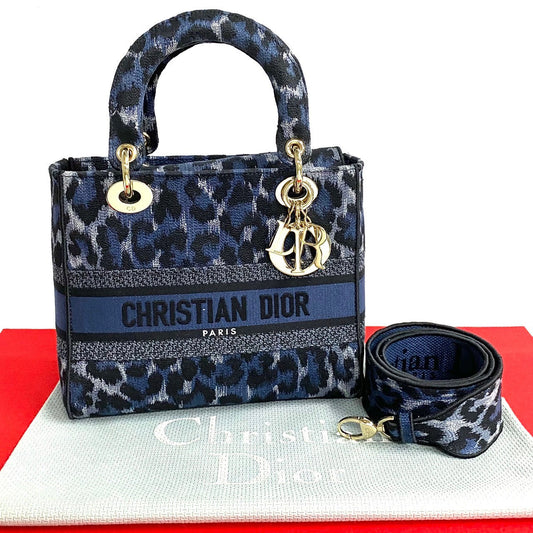 Dior Shoulder Bag Canvas Blue Leopard Pattern Lady D Lite Women Used Authentic