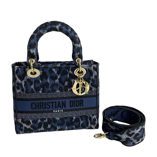 Dior Shoulder Bag Canvas Blue Leopard Pattern Lady D Lite Women Used Authentic