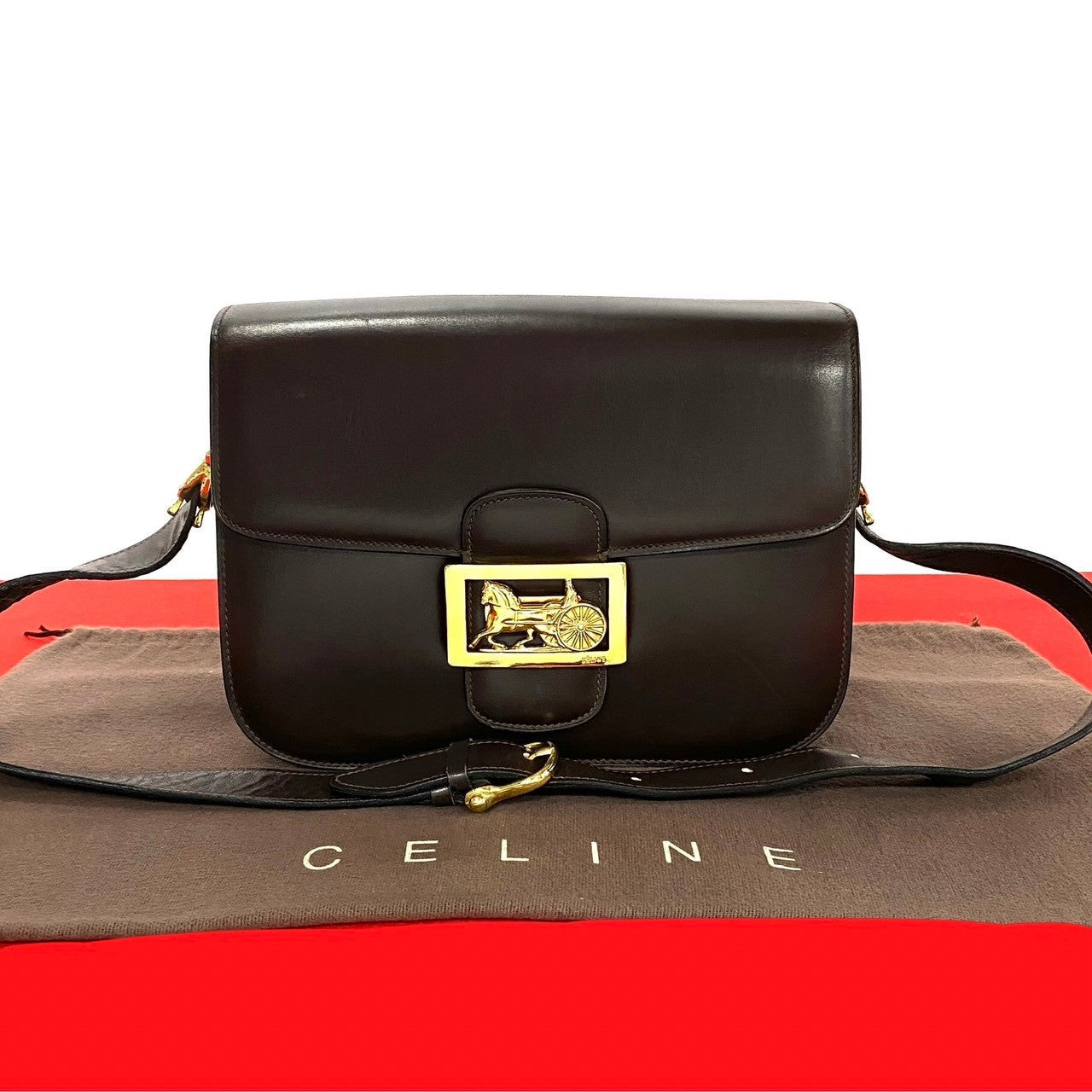 Celine Shoulder Bag Leather Brown Carriage Metal Women Used Authentic