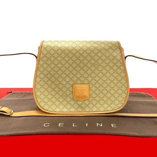 Celine Shoulder Bag Leather, Pvc Brown Macadam Blazon Pattern Triomphe Logo Women Used Authentic