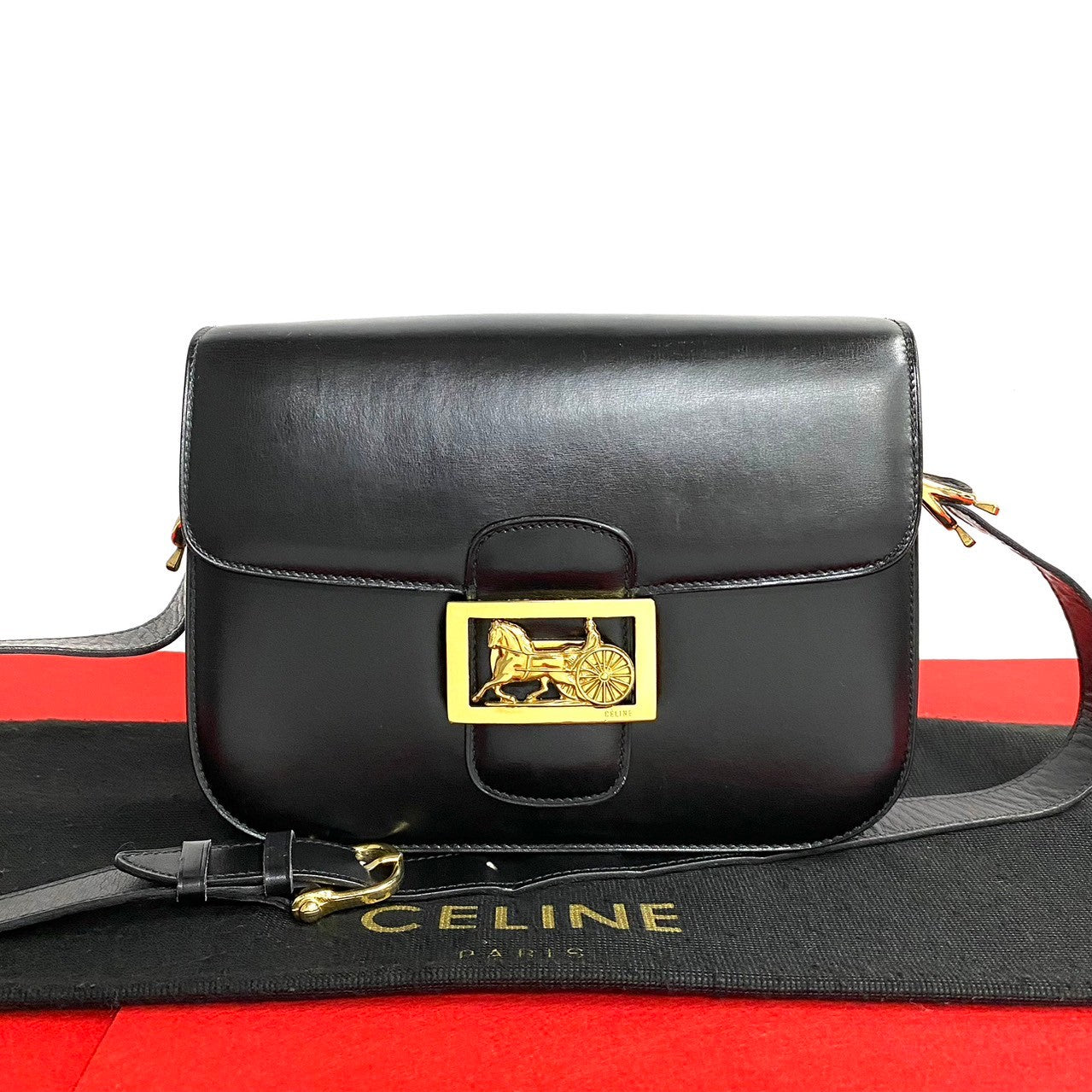 Celine Shoulder Bag Leather Black Carriage Metal Women Used Authentic