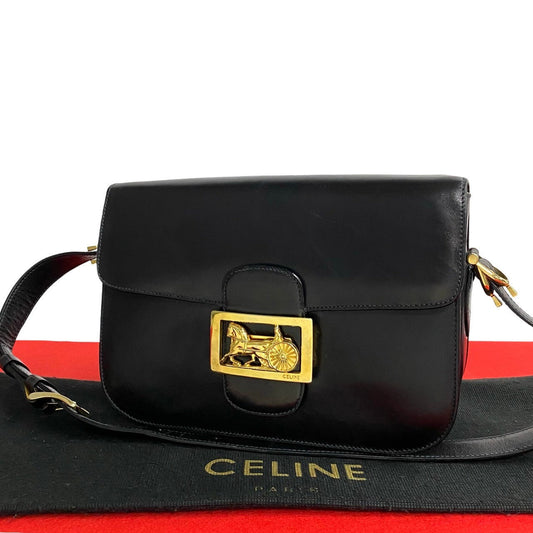 Celine Shoulder Bag Leather Black Logo Carriage Metal Women(unisex) Used Authentic