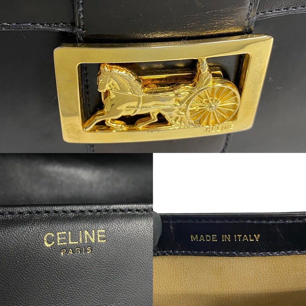 Celine Shoulder Bag Leather Black Logo Carriage Metal Women(unisex) Used Authentic