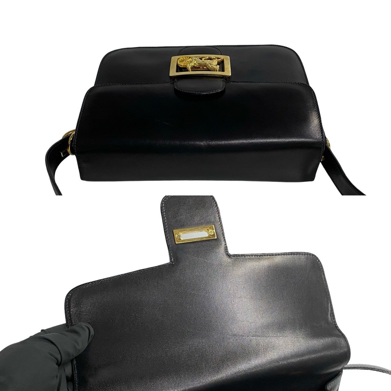 Celine Shoulder Bag Leather Black Logo Carriage Metal Women(unisex) Used Authentic