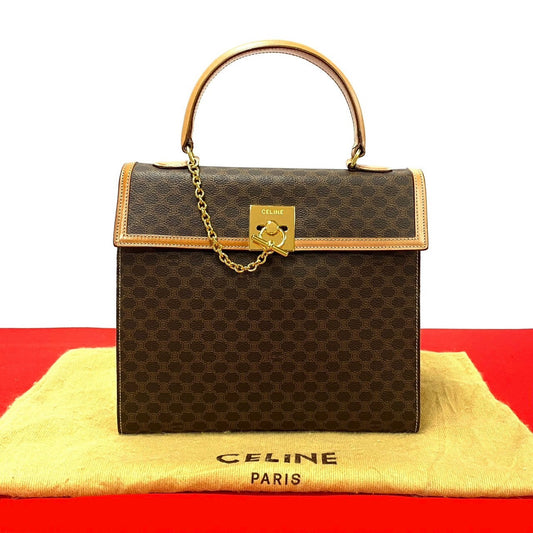 Celine Handbag Leather, Pvc Brown Macadam Blason Triomphe Pattern Logo Ring Metal Women Used Authentic