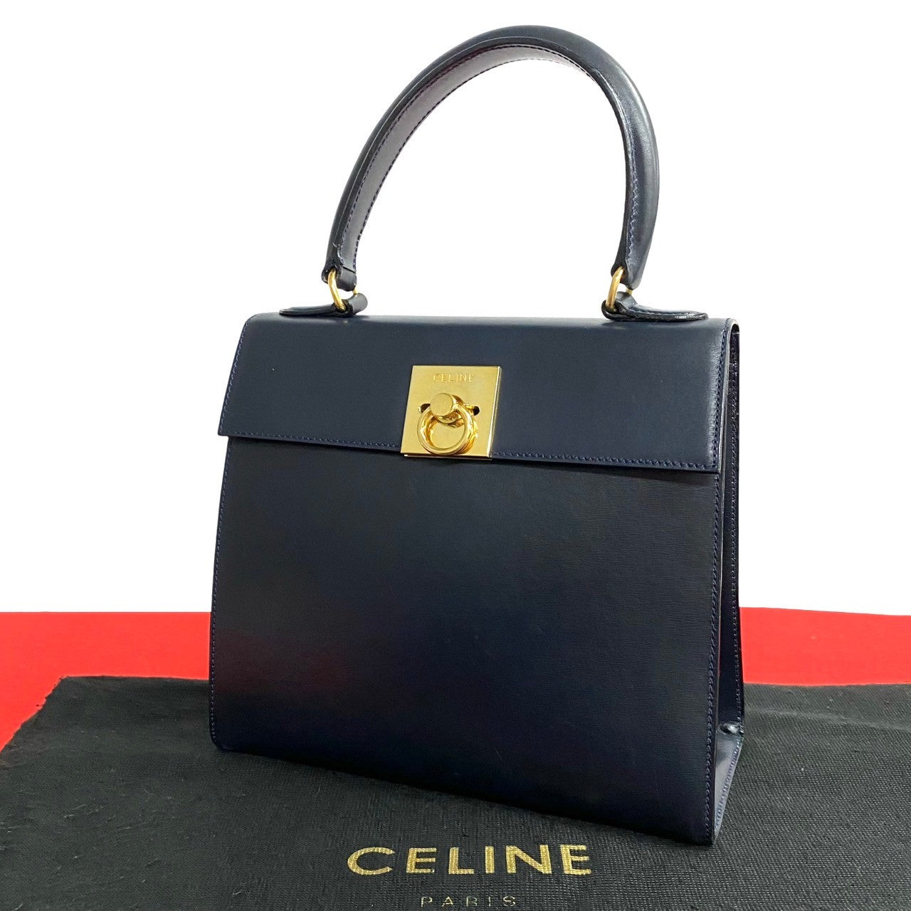 Celine Handbag Leather Navy Logo Ring Metal Women Used Authentic