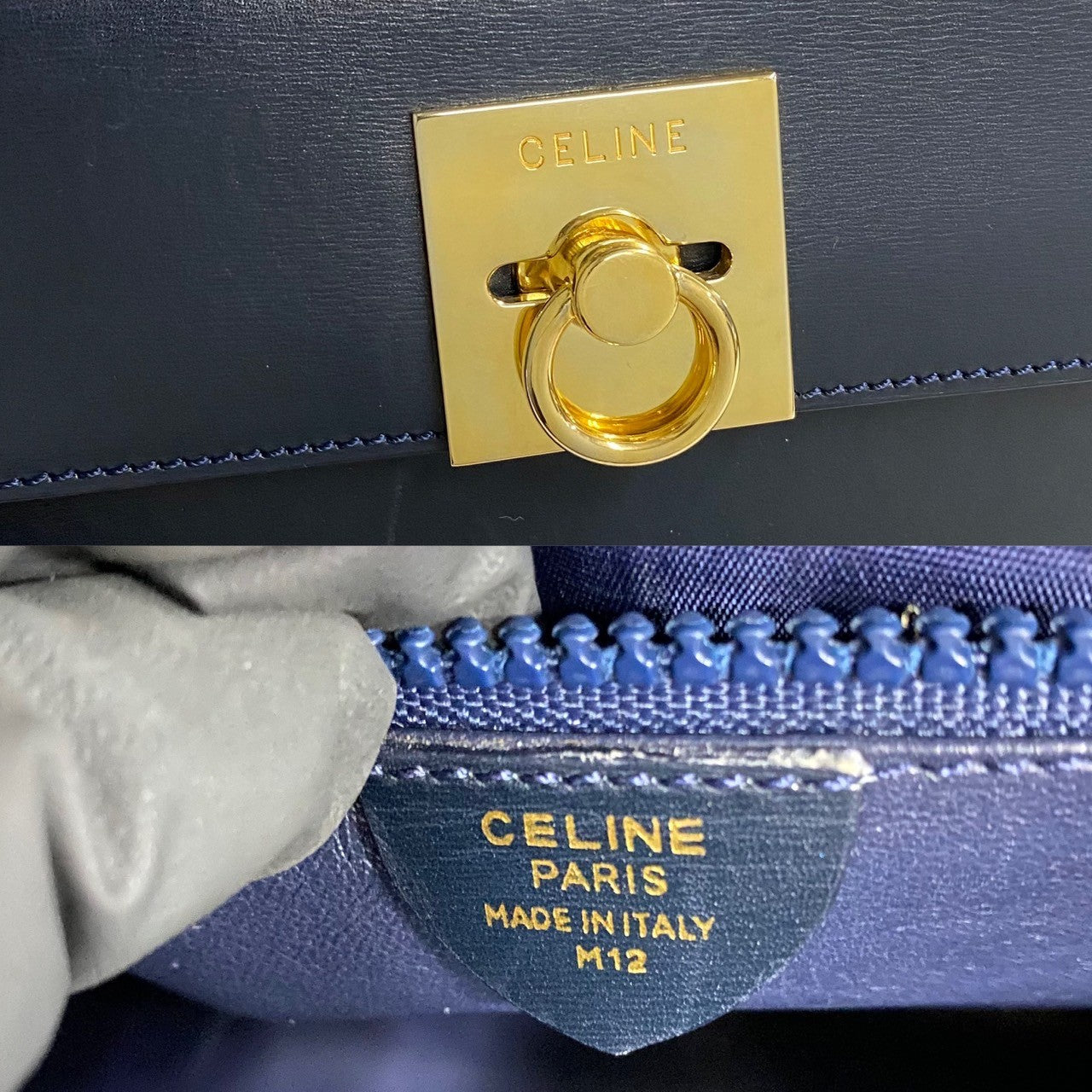 Celine Handbag Leather Navy Logo Ring Metal Women Used Authentic