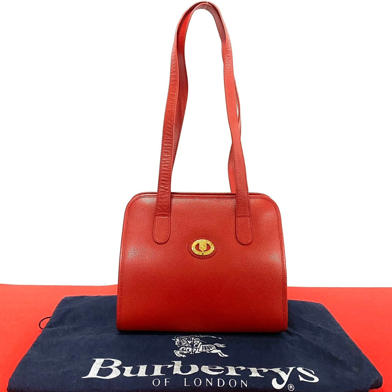 Burberry Tote Bag Leather Red Shadow Horse Logo Metal Women Used Authentic