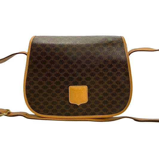 Celine Shoulder Bag Leather, Pvc Brown Macadam Blason Triomphe Pattern Women Used Authentic