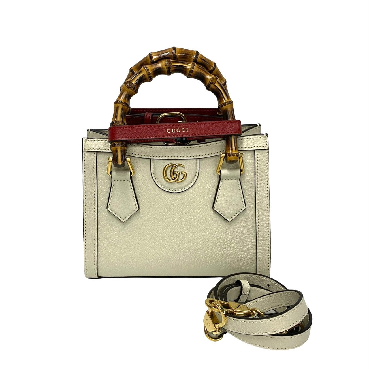 Gucci Shoulder Bag Leather White Gg Logo Metal Bamboo Diana Mini Women Used Authentic