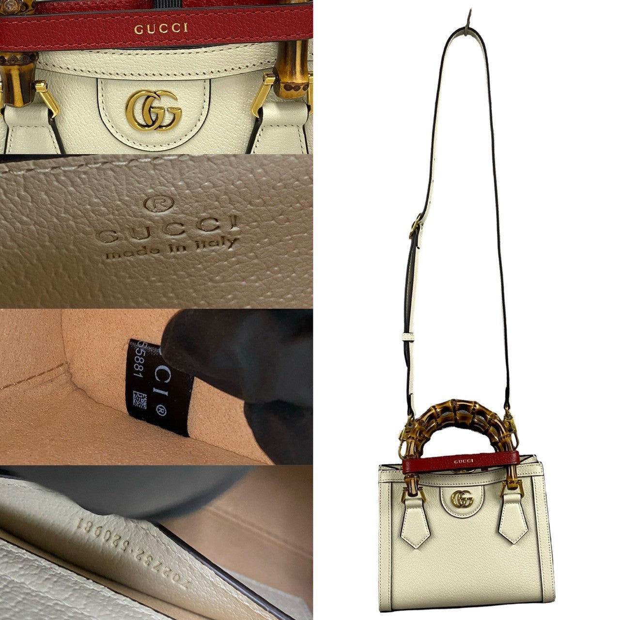 Gucci Shoulder Bag Leather White Gg Logo Metal Bamboo Diana Mini Women Used Authentic