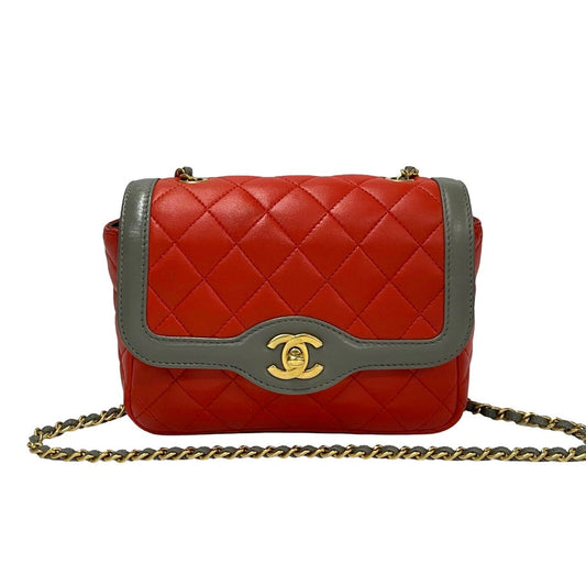 Chanel Shoulder Bag Lambskin Red Coco Mark Bicolor Matrasse Women Used Authentic