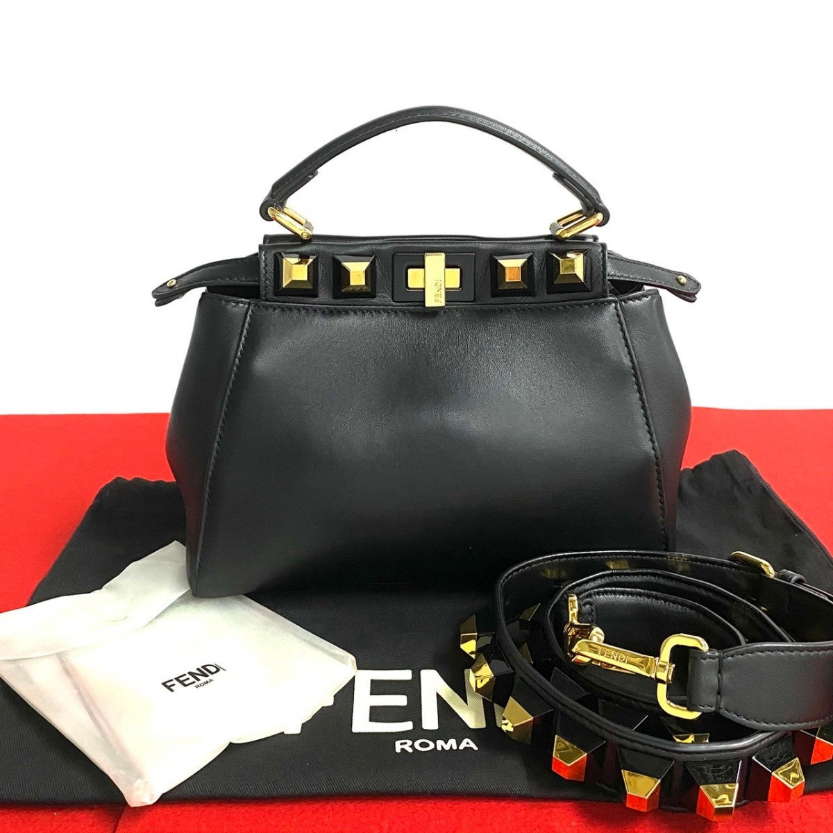 Fendi Shoulder Bag Leather Black Peekaboo Mini Studs