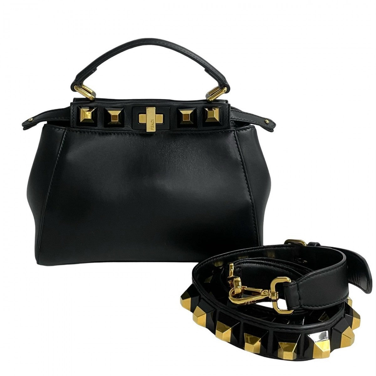 Fendi Shoulder Bag Leather Black Peekaboo Mini Studs