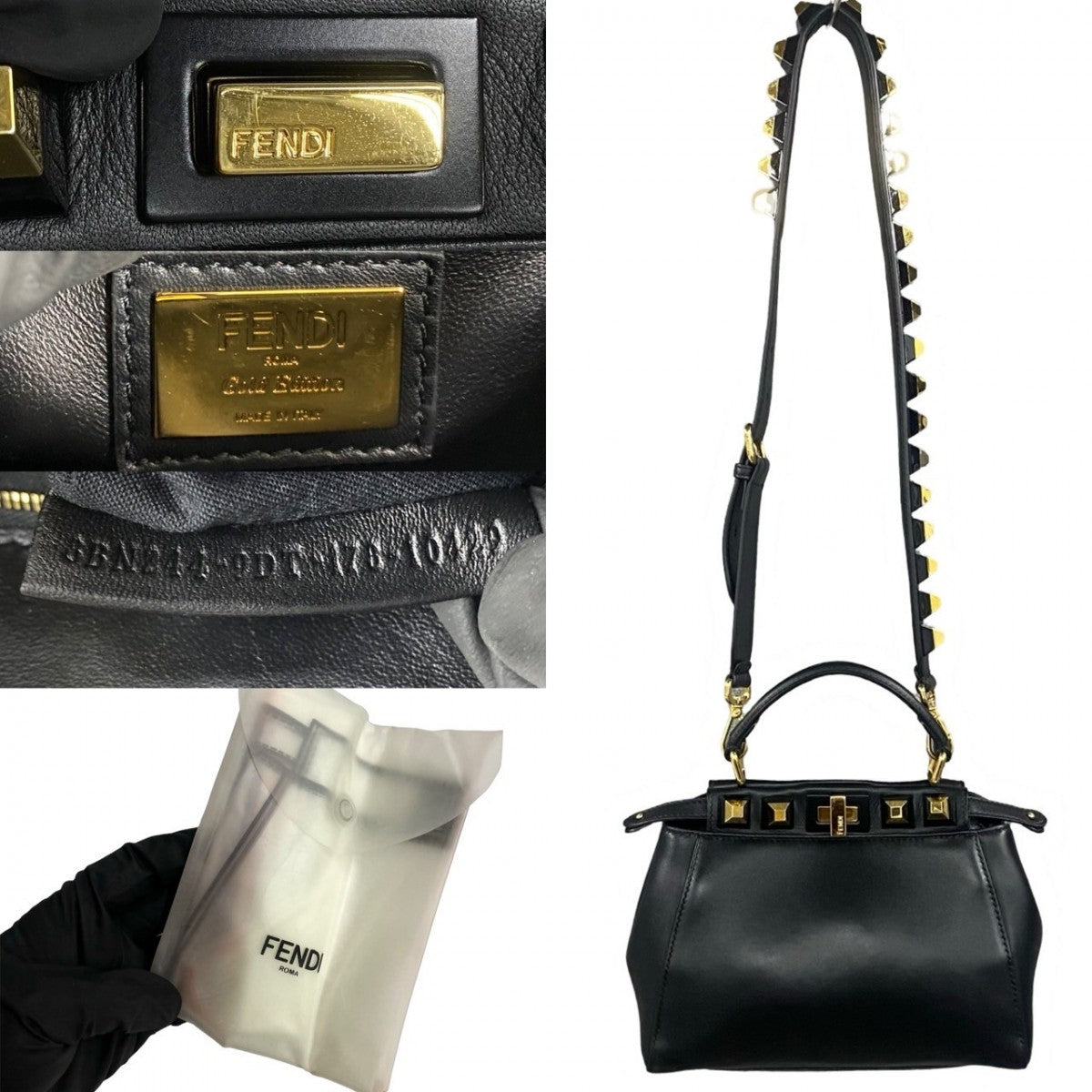 Fendi Shoulder Bag Leather Black Peekaboo Mini Studs