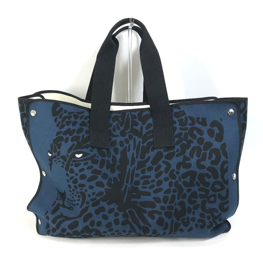 Hermes Tote Bag Canvas Navy Shoulder Bag Shoulder Bag Leopard Leopard Leopard Women Used Authentic