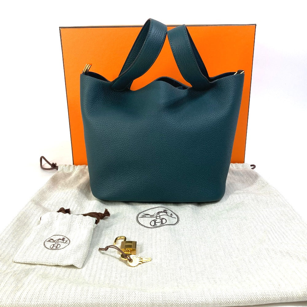 Hermes Handbag Taurillon Clemence Green X Blue Type Pico Tan Lock Mm Women Used Authentic