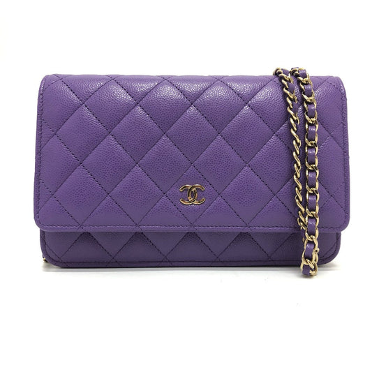 Chanel Shoulder Bag A33814 Caviar Skin Purple Long Wallet Purse Cccoco Mark Matelasse Women Used Authentic