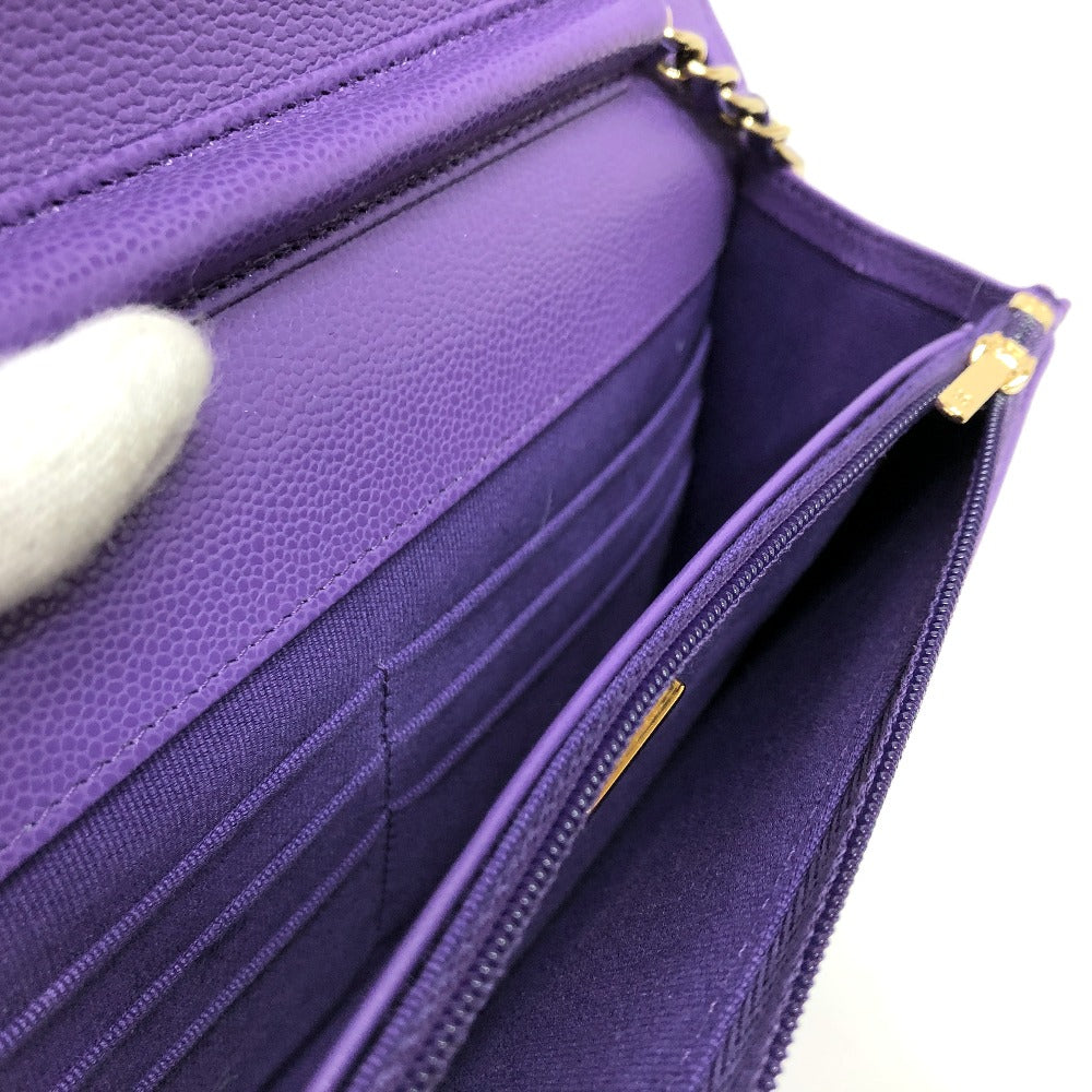 Chanel Shoulder Bag A33814 Caviar Skin Purple Long Wallet Purse Cccoco Mark Matelasse Women Used Authentic