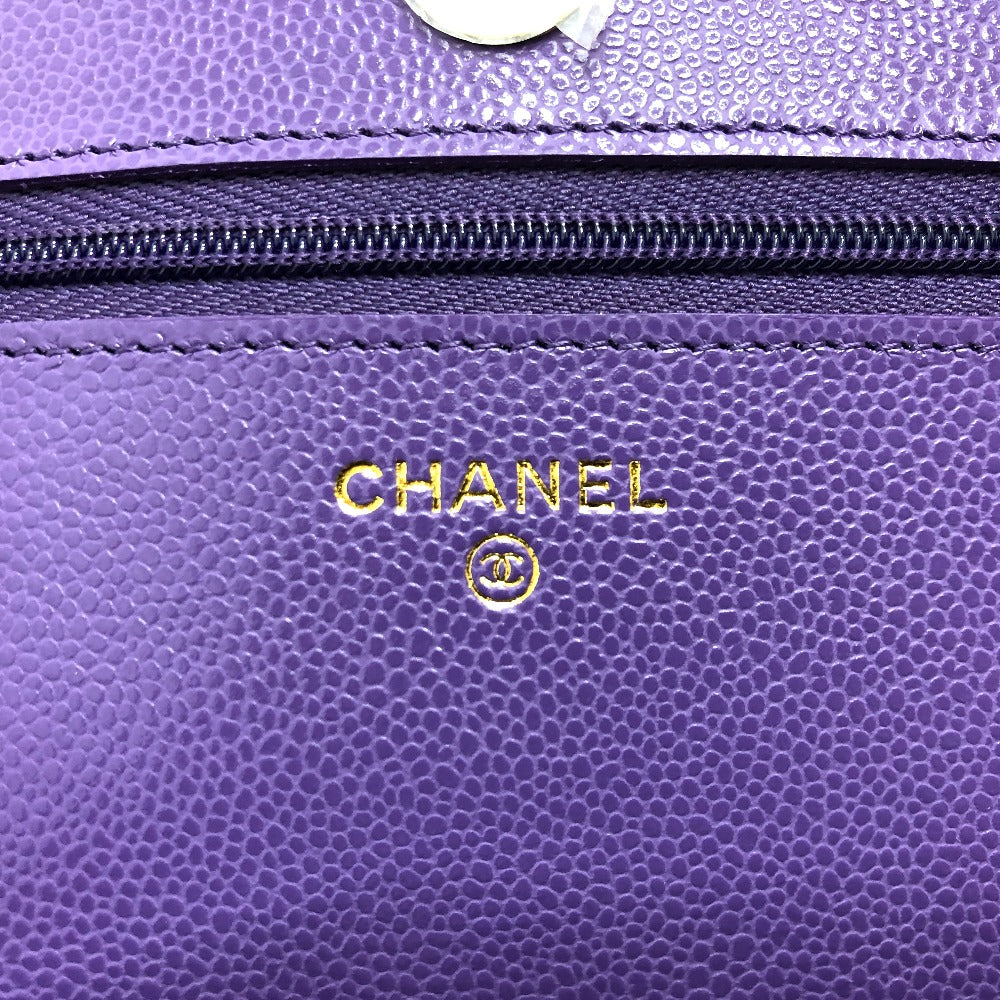 Chanel Shoulder Bag A33814 Caviar Skin Purple Long Wallet Purse Cccoco Mark Matelasse Women Used Authentic