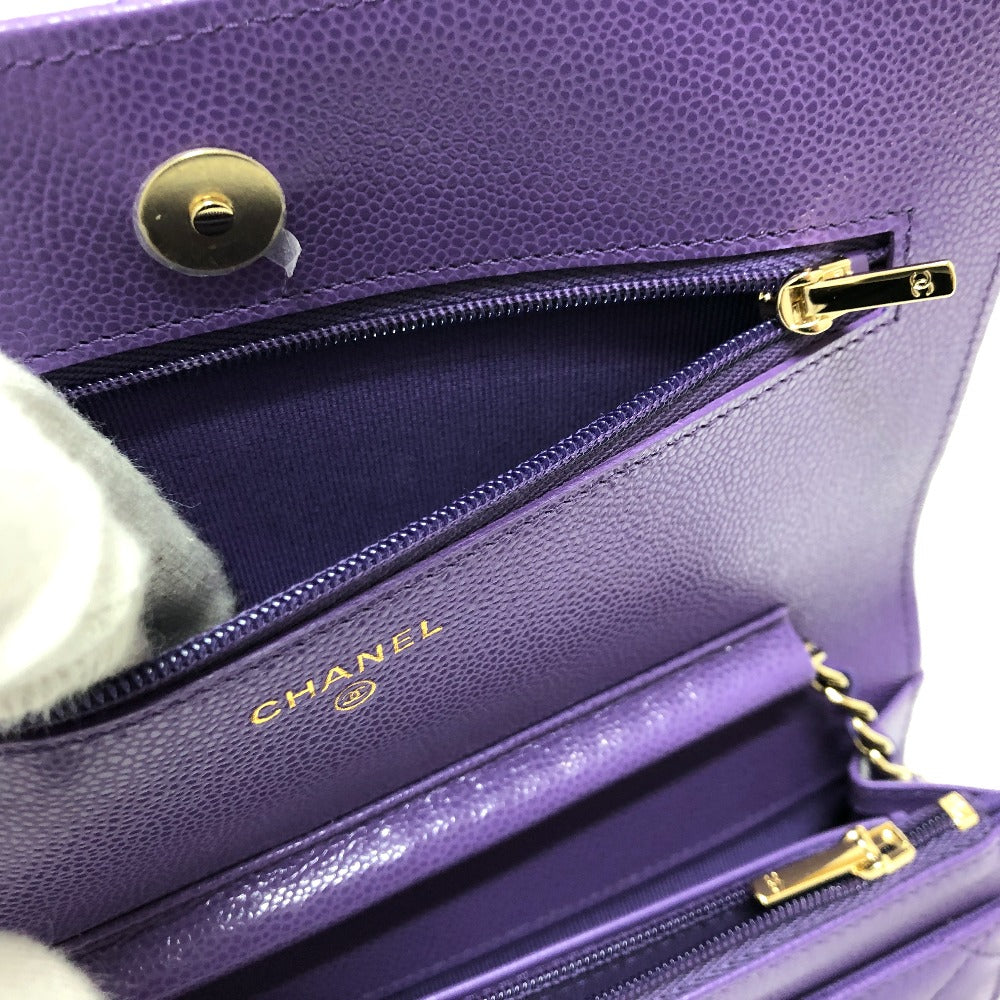 Chanel Shoulder Bag A33814 Caviar Skin Purple Long Wallet Purse Cccoco Mark Matelasse Women Used Authentic