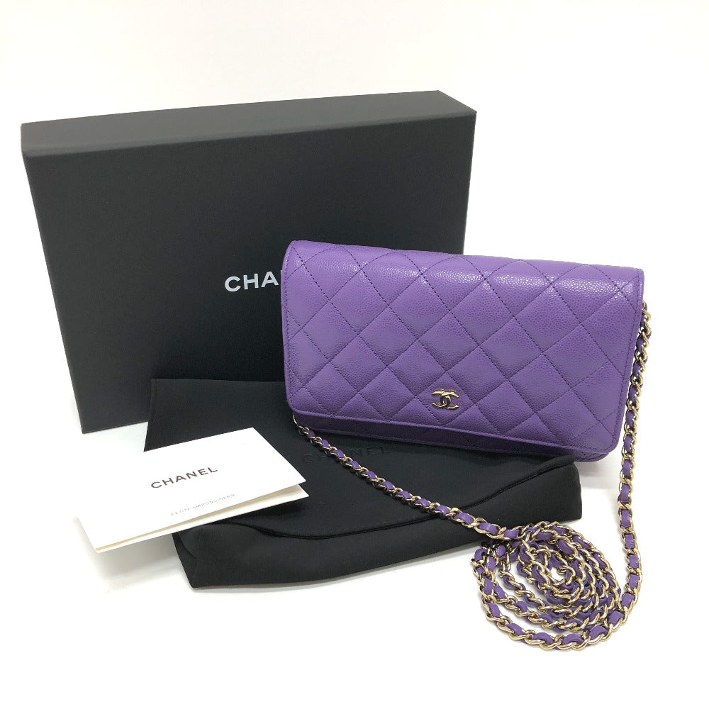 Chanel Shoulder Bag A33814 Caviar Skin Purple Long Wallet Purse Cccoco Mark Matelasse Women Used Authentic