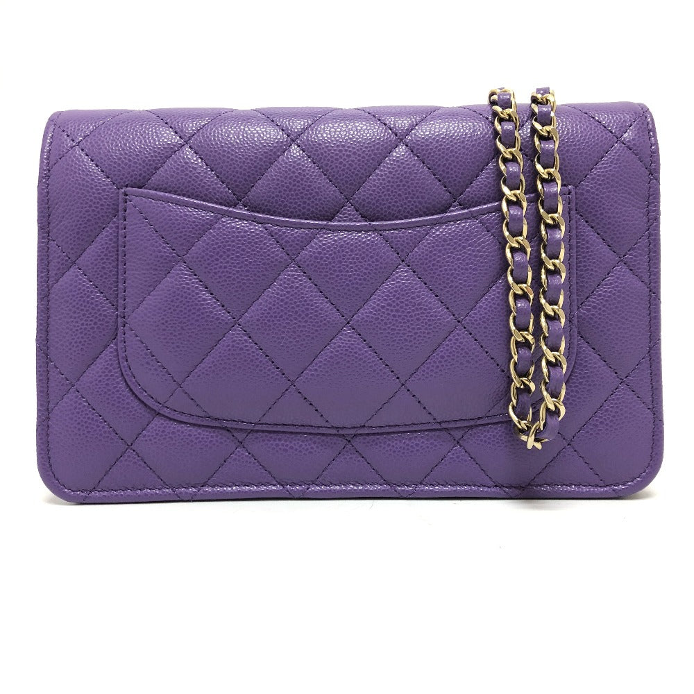 Chanel Shoulder Bag A33814 Caviar Skin Purple Long Wallet Purse Cccoco Mark Matelasse Women Used Authentic