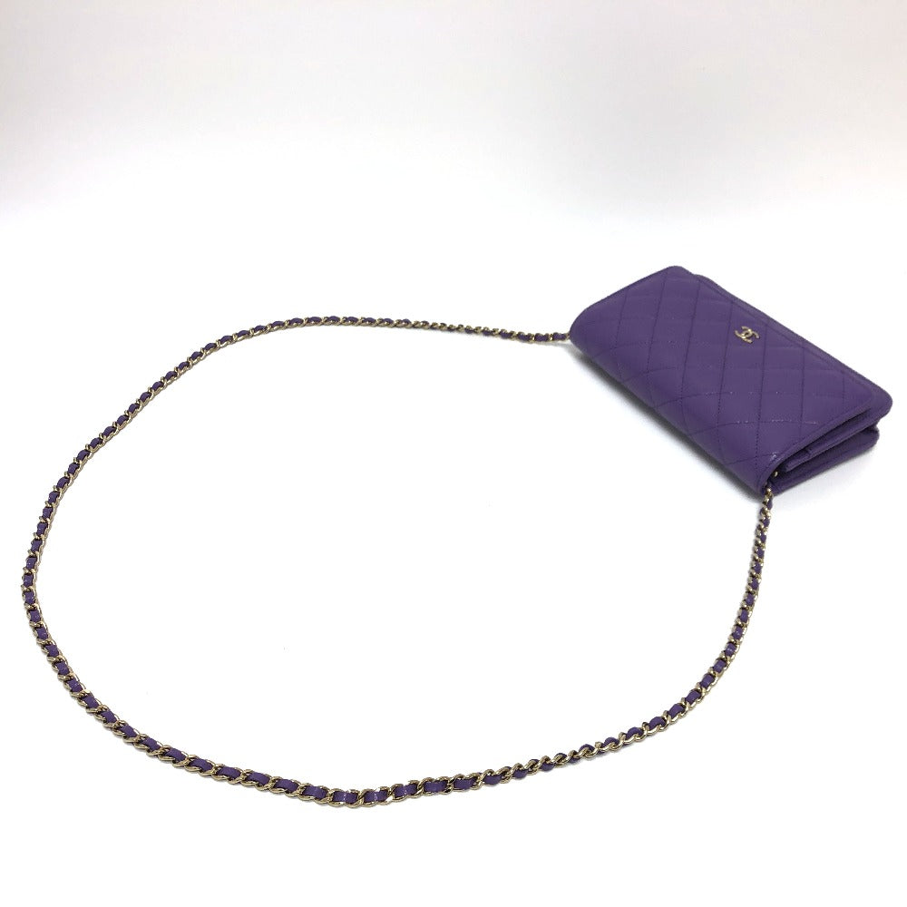 Chanel Shoulder Bag A33814 Caviar Skin Purple Long Wallet Purse Cccoco Mark Matelasse Women Used Authentic