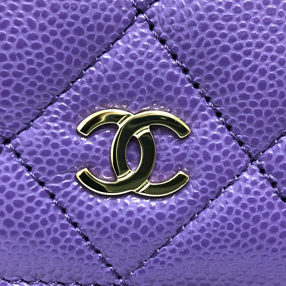 Chanel Shoulder Bag A33814 Caviar Skin Purple Long Wallet Purse Cccoco Mark Matelasse Women Used Authentic