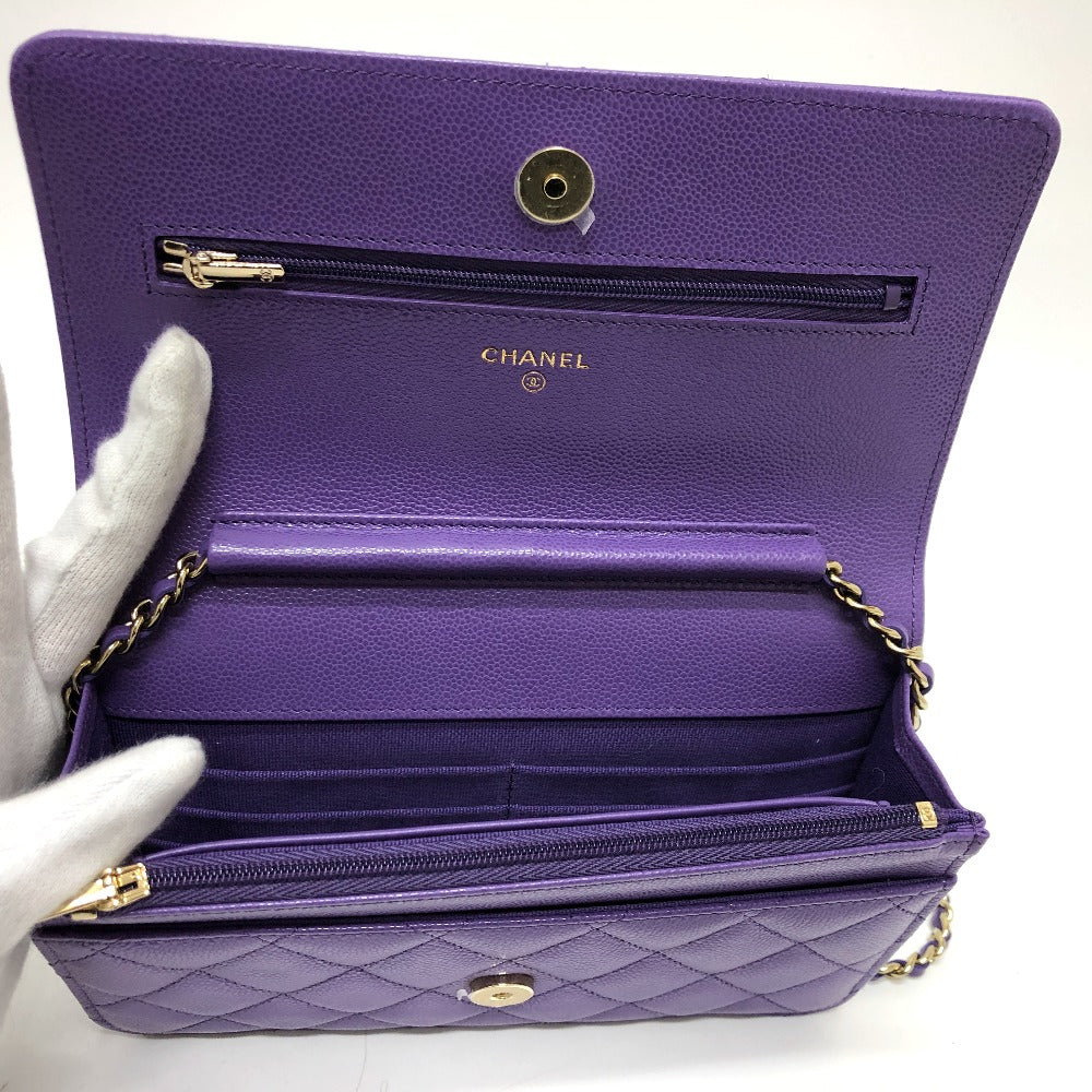 Chanel Shoulder Bag A33814 Caviar Skin Purple Long Wallet Purse Cccoco Mark Matelasse Women Used Authentic