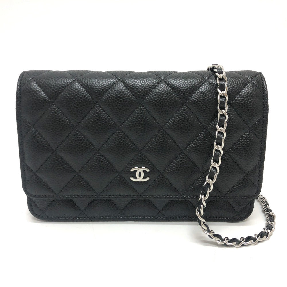 Chanel Shoulder Bag Ap0250 Caviar Skin Black Long Wallet Purse Coco Mark Women Used Authentic