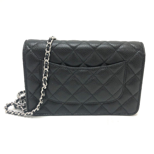 Chanel Shoulder Bag Ap0250 Caviar Skin Black Long Wallet Purse Coco Mark Women Used Authentic