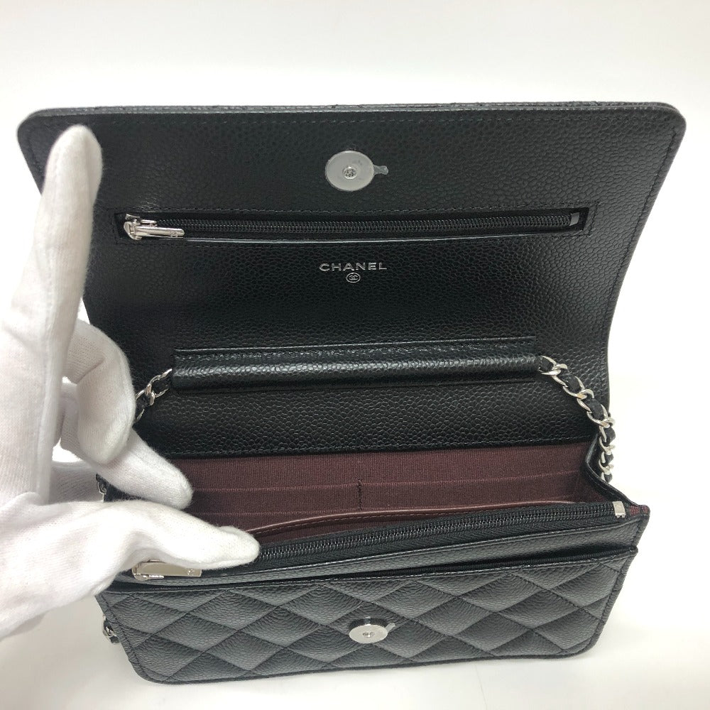 Chanel Shoulder Bag Ap0250 Caviar Skin Black Long Wallet Purse Coco Mark Women Used Authentic