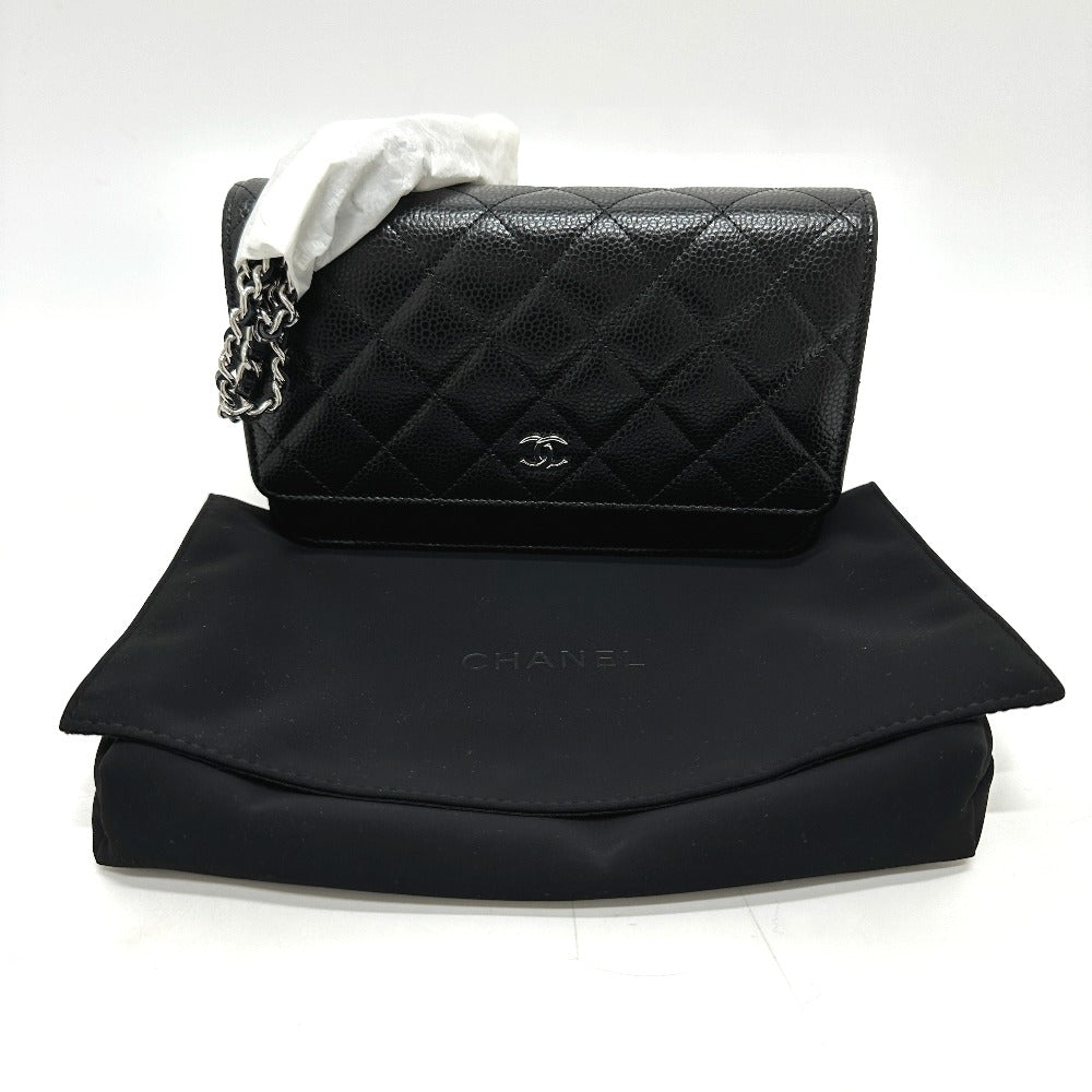 Chanel Shoulder Bag Ap0250 Caviar Skin Black Cc Matelasse Coco Mark Classic Chain Wallet Women Used Authentic