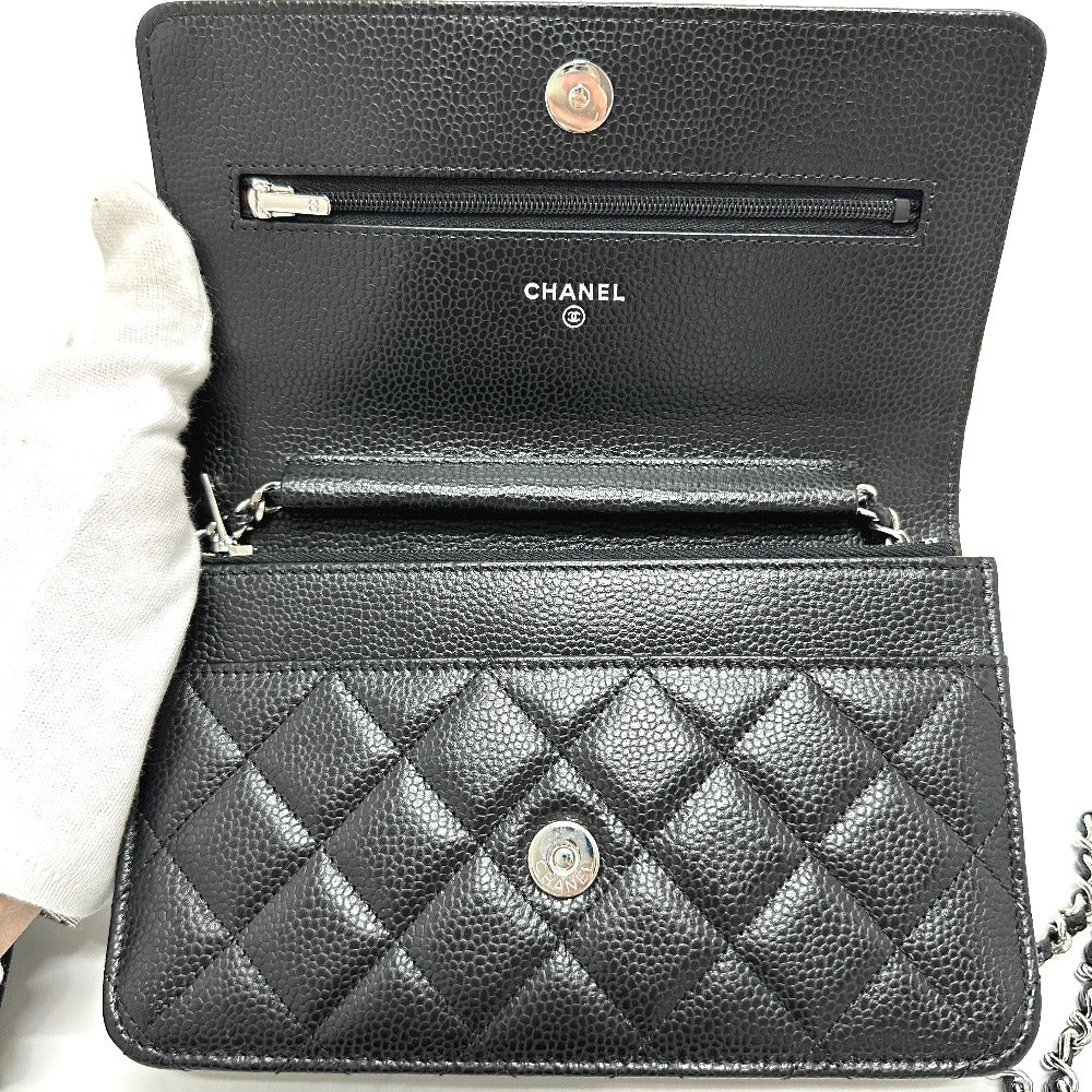 Chanel Shoulder Bag Ap0250 Caviar Skin Black Cc Matelasse Coco Mark Classic Chain Wallet Women Used Authentic