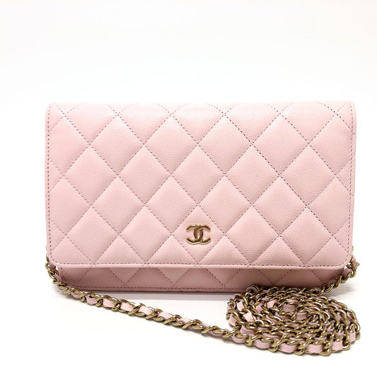 Chanel Shoulder Bag Ap0250 Caviar Skin Pink Coco Mark Cc Chain Wallet Women Used Authentic