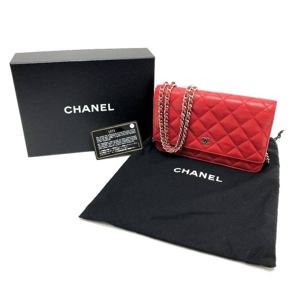 Chanel Shoulder Bag Ap0250 Caviar Skin Red Long Wallet Purse Cc Coco Mark Classic Women Used Authentic