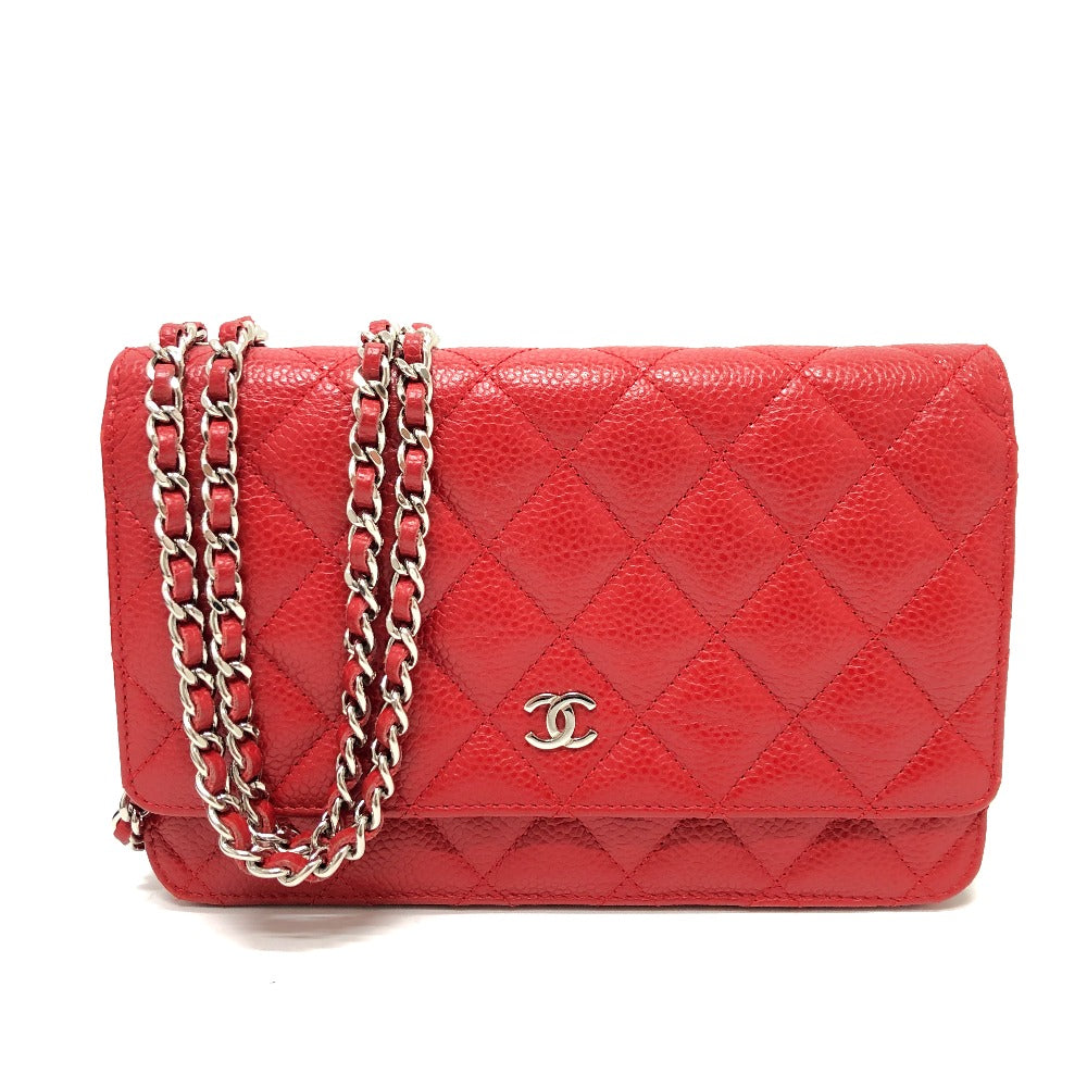 Chanel Shoulder Bag Ap0250 Caviar Skin Red Long Wallet Purse Cc Coco Mark Classic Women Used Authentic