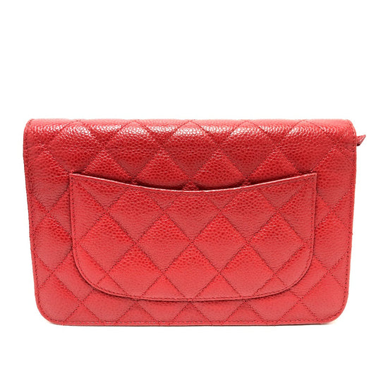 Chanel Shoulder Bag Ap0250 Caviar Skin Red Long Wallet Purse Cc Coco Mark Classic Women Used Authentic