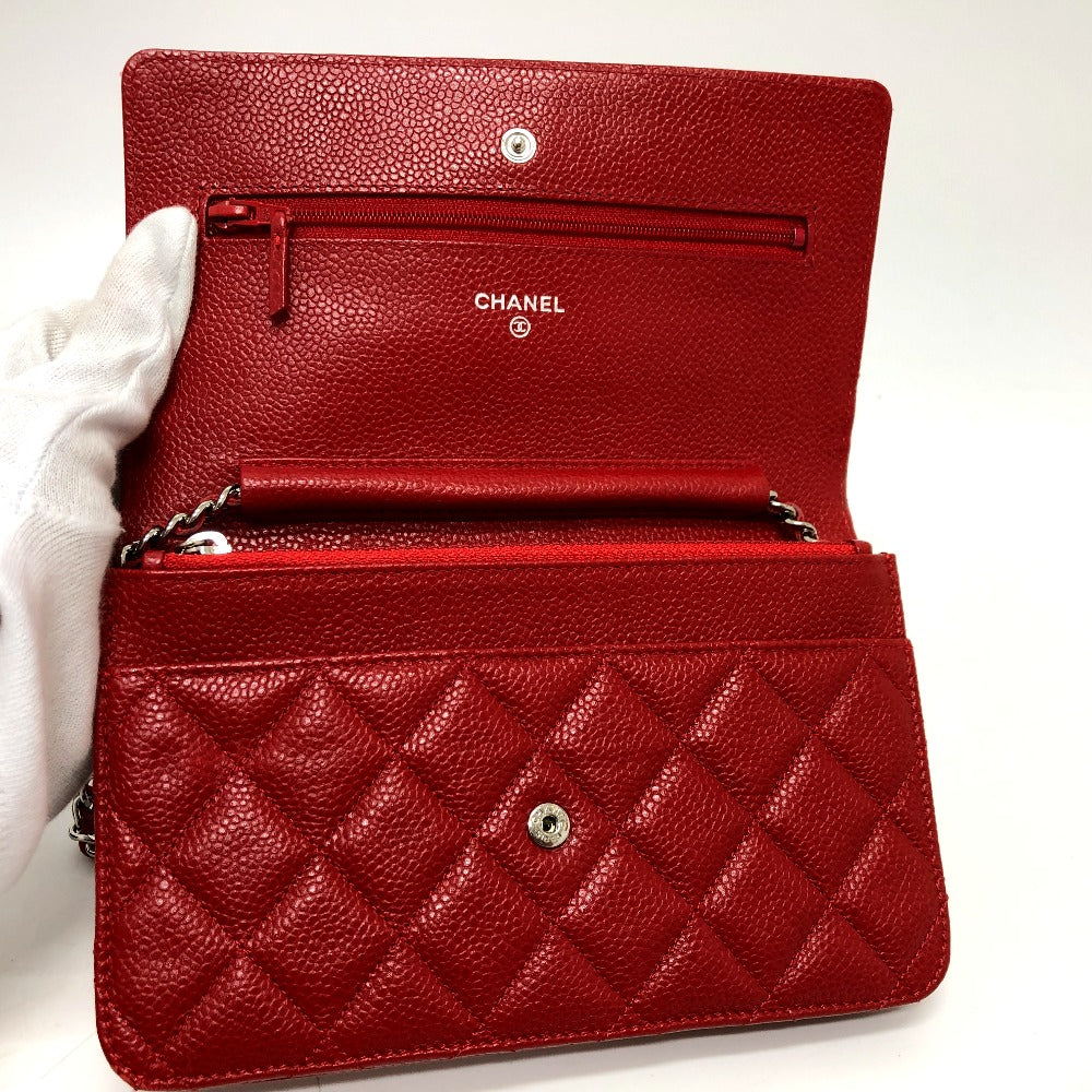 Chanel Shoulder Bag Ap0250 Caviar Skin Red Long Wallet Purse Cc Coco Mark Classic Women Used Authentic