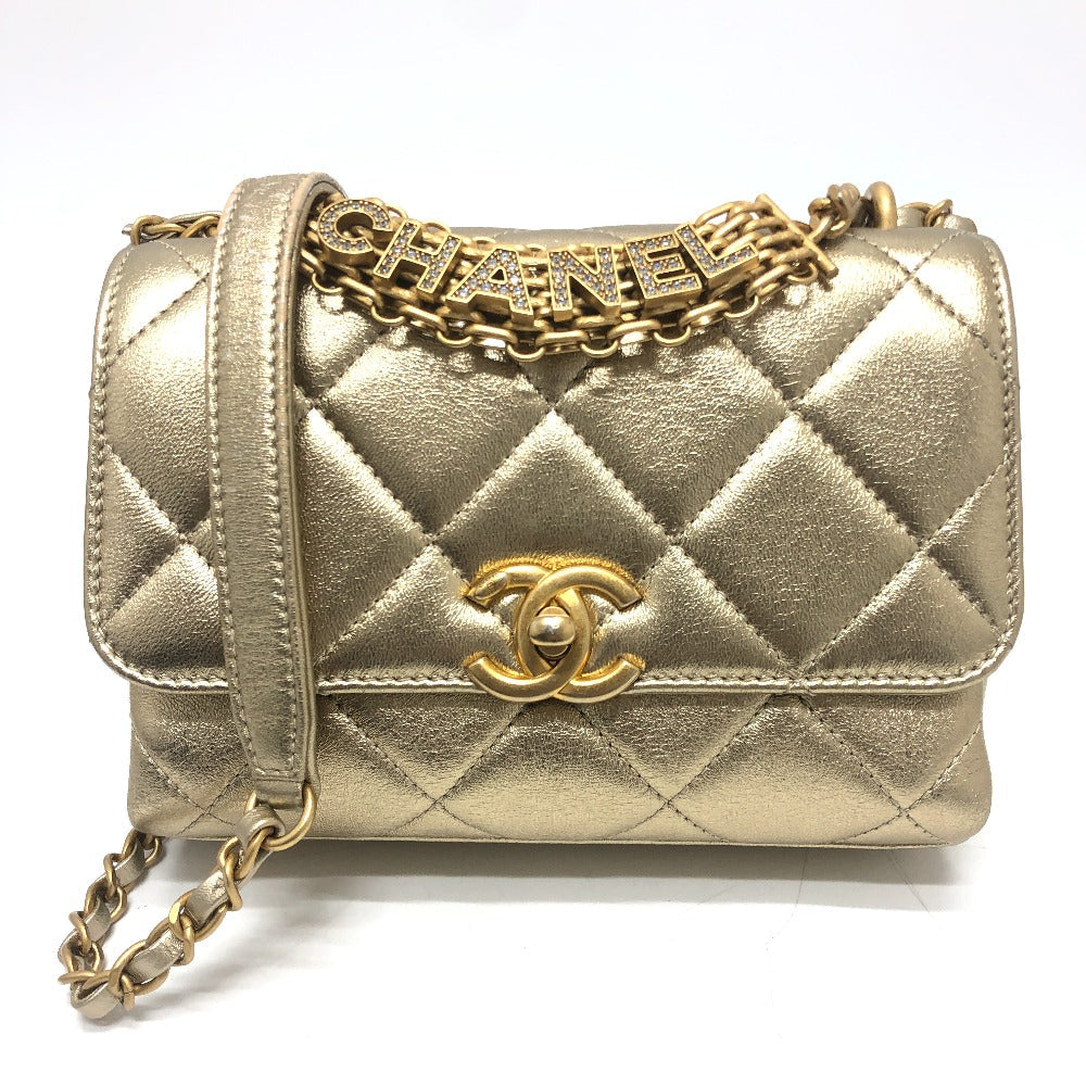 Chanel Shoulder Bag As3240 Lambskin Gold Matelasse Coco Mark Rhinestone Women Used Authentic