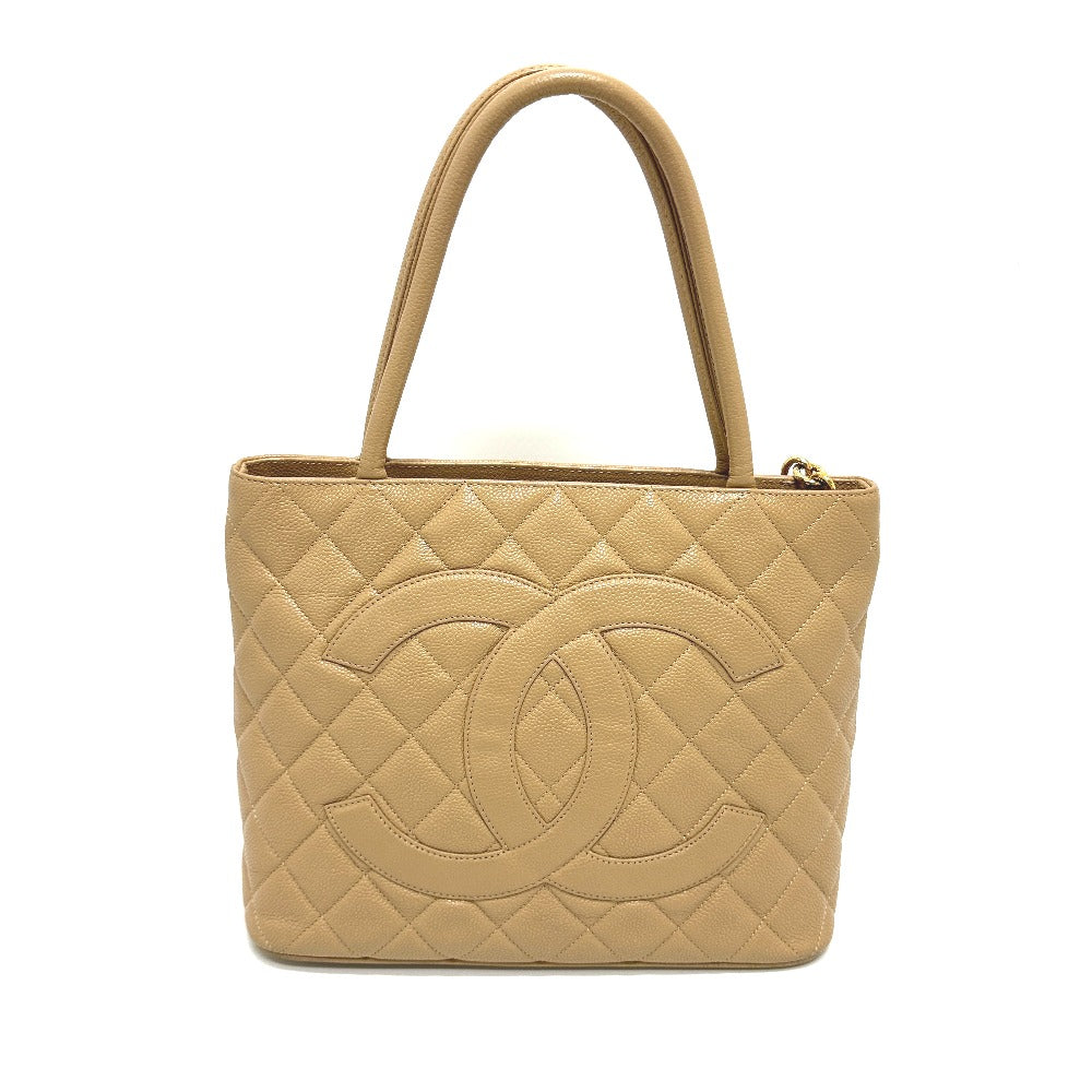 Chanel Tote Bag A01804 Caviar Skin Beige Cc Coco Mark Replica Tote Women Used Authentic