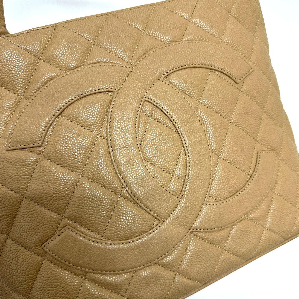 Chanel Tote Bag A01804 Caviar Skin Beige Cc Coco Mark Replica Tote Women Used Authentic