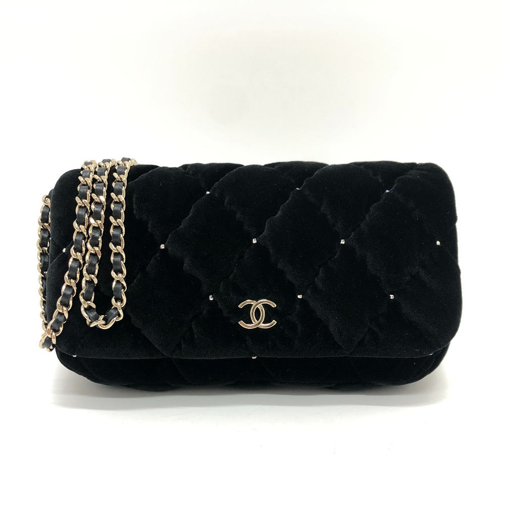 Chanel Shoulder Bag Velor Black Velour Matelasse Women Used Authentic