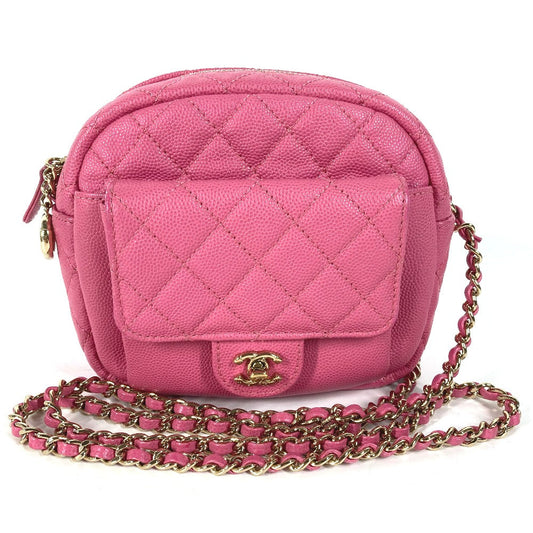 Chanel Shoulder Bag Caviar Skin Pink Matelasse Quilted Chain Bag Cc Coco Mark Women Used Authentic