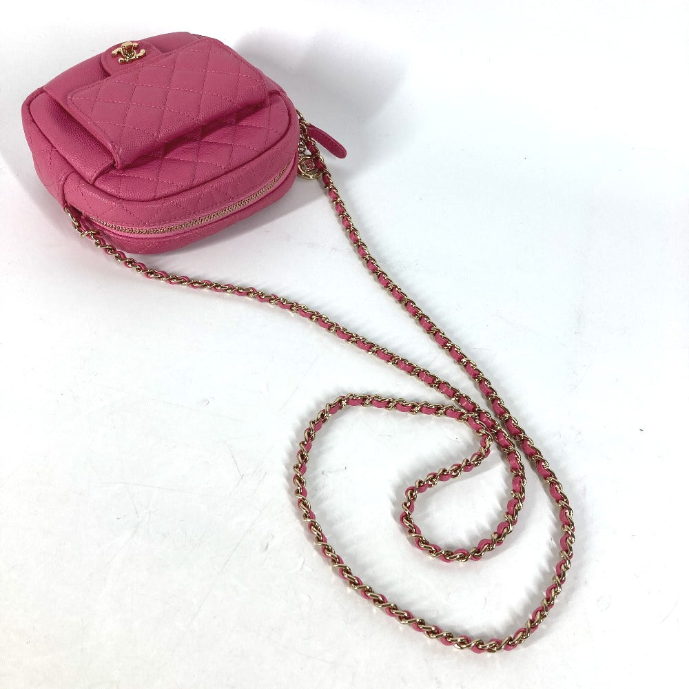 Chanel Shoulder Bag Caviar Skin Pink Matelasse Quilted Chain Bag Cc Coco Mark Women Used Authentic