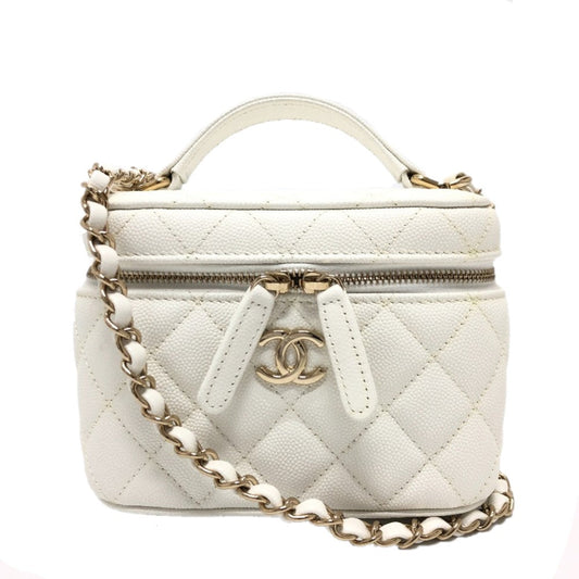 Chanel Shoulder Bag As3171 Caviar Skin White Coco Mark Cc Vanity Bag Women Used Authentic