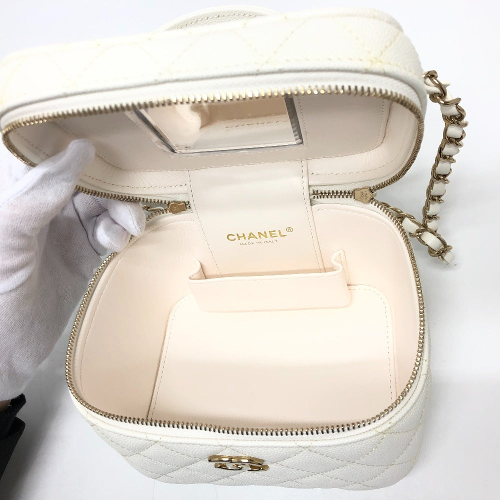 Chanel Shoulder Bag As3171 Caviar Skin White Coco Mark Cc Vanity Bag Women Used Authentic